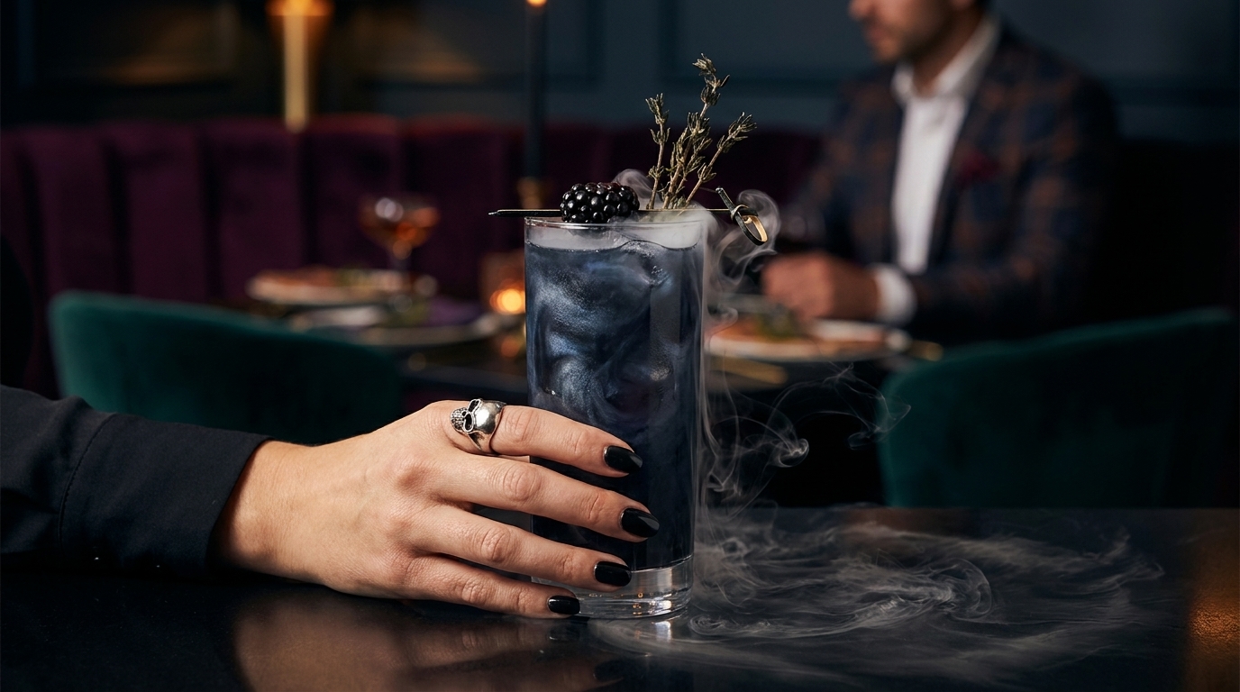 Hand mit schwarzen Nägeln hält ein hohes Glas mit rauchigem, dunklem Cocktail, garniert mit kleinen Tannenzapfen und Zweigen; Nebel um das Glas, elegantes Barambiente im Hintergrund.