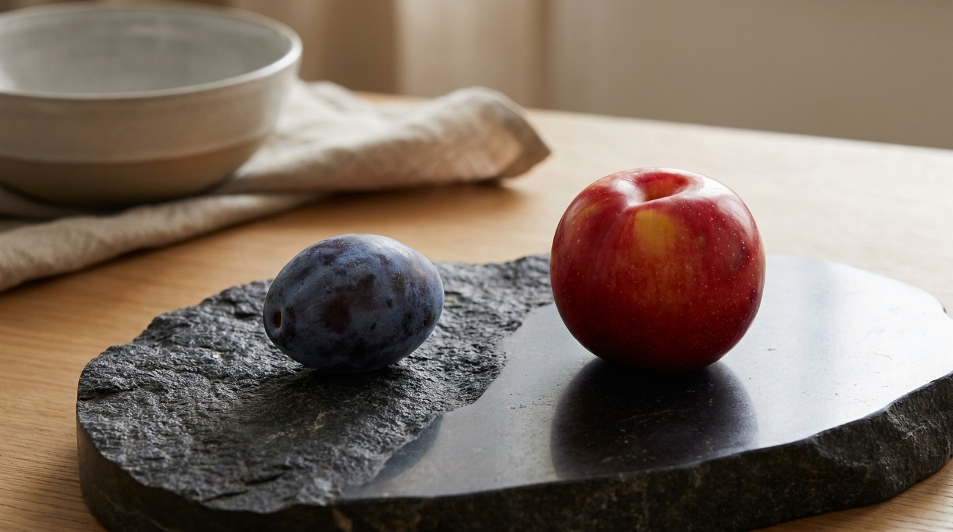 Roter Apfel und dunkelblaue Pflaume liegen nebeneinander auf einer flachen, dunklen Steinplatte.