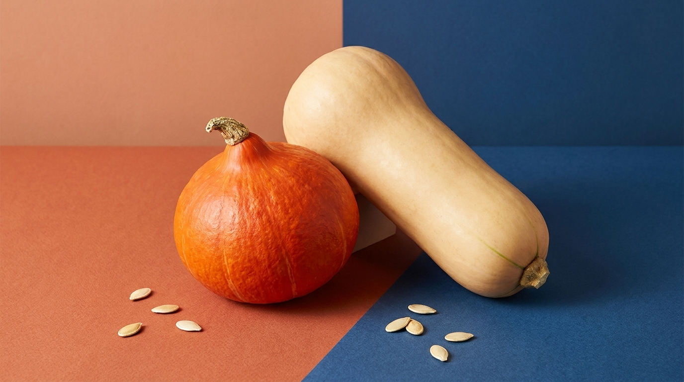 Zwei Kürbisse auf zweifarbigem Untergrund: links ein runder orangefarbener Kürbis mit einigen Kernen davor, rechts ein länglicher beige Butternut-Kürbis liegend.