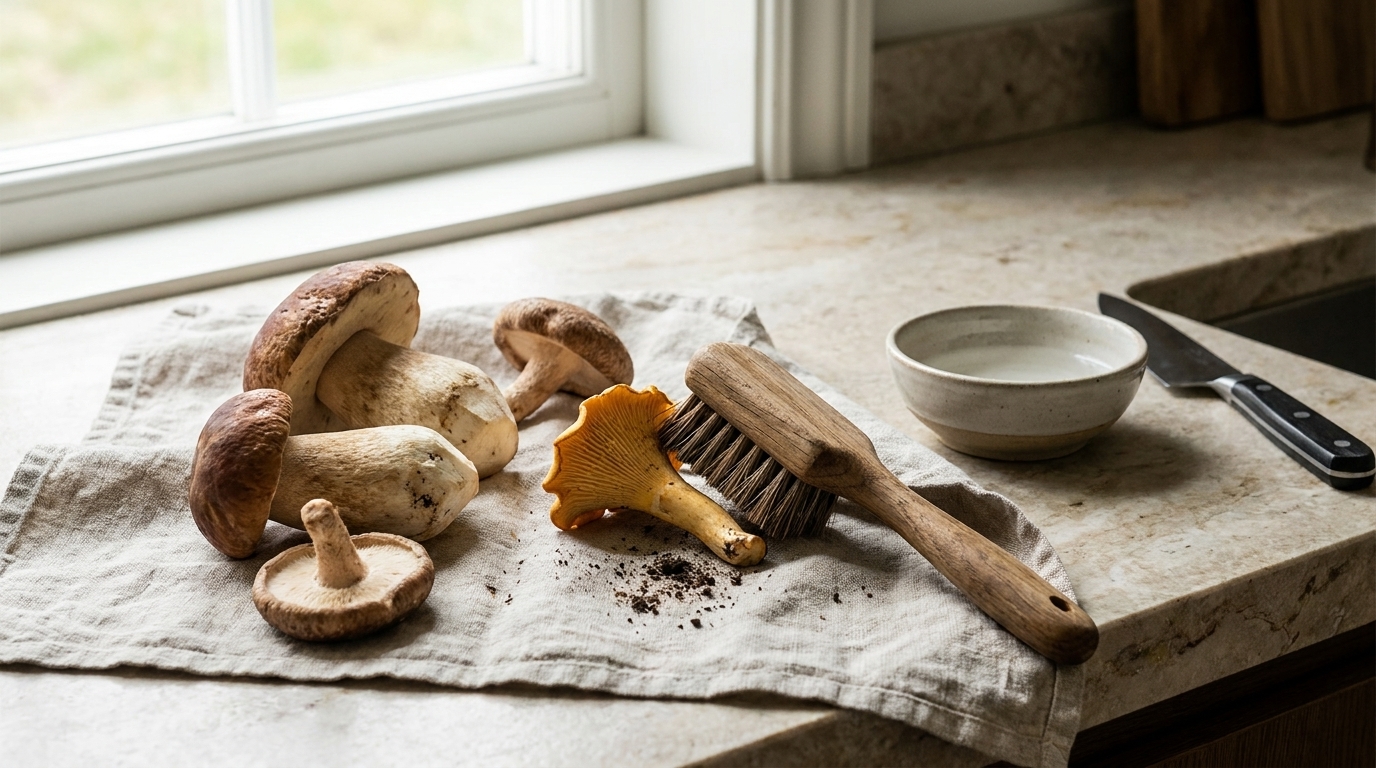 Mehrere frische Waldpilze, darunter Steinpilze und ein Pfifferling, liegen auf einem Tuch; daneben eine Bürste mit Erde, eine kleine Schale und ein Messer auf der Küchenarbeitsfläche.
