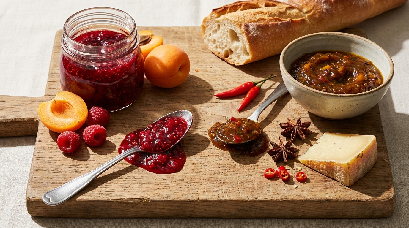 Holzbrett mit fruchtigen Brotaufstrichen: Glas und Löffel mit roter Beerenmarmelade, halbierte Aprikosen und Himbeeren, Schale mit würzigem Chutney, kleines Stück Käse, Chilischoten und Baguette.