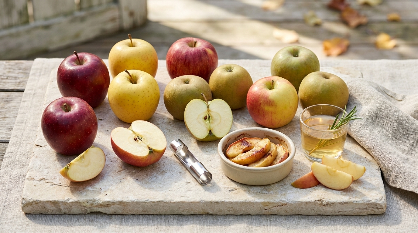 Verschiedene Äpfel (rot, gelb, grün) auf einer Steinplatte, einige halbiert, daneben Apfelscheiben in einer Schale, ein Glas Apfelsaft und ein Schälmesser.