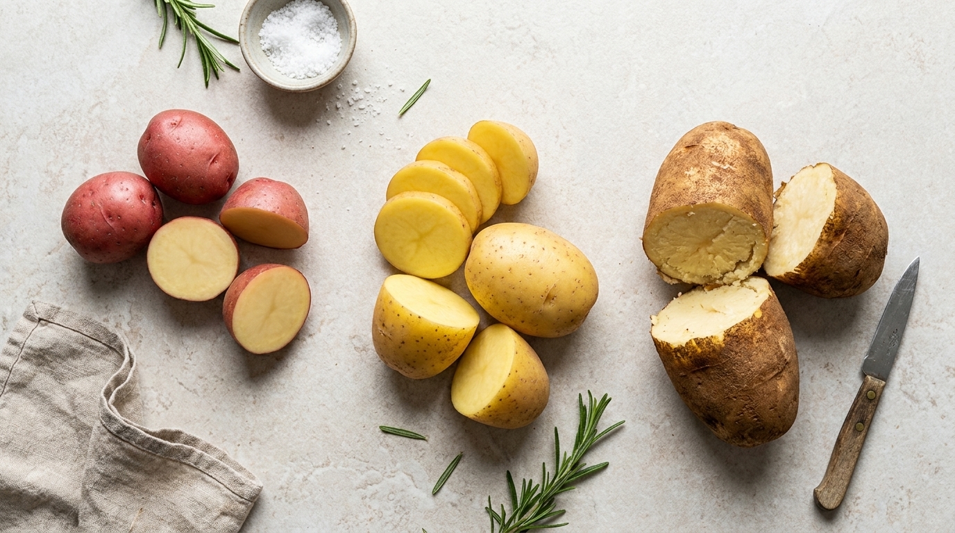 Drei Kartoffelsorten nebeneinander: rohe rote Kartoffeln, in Scheiben geschnittene gelbe Kartoffeln und aufgeschnittene, gebackene braune Kartoffeln.