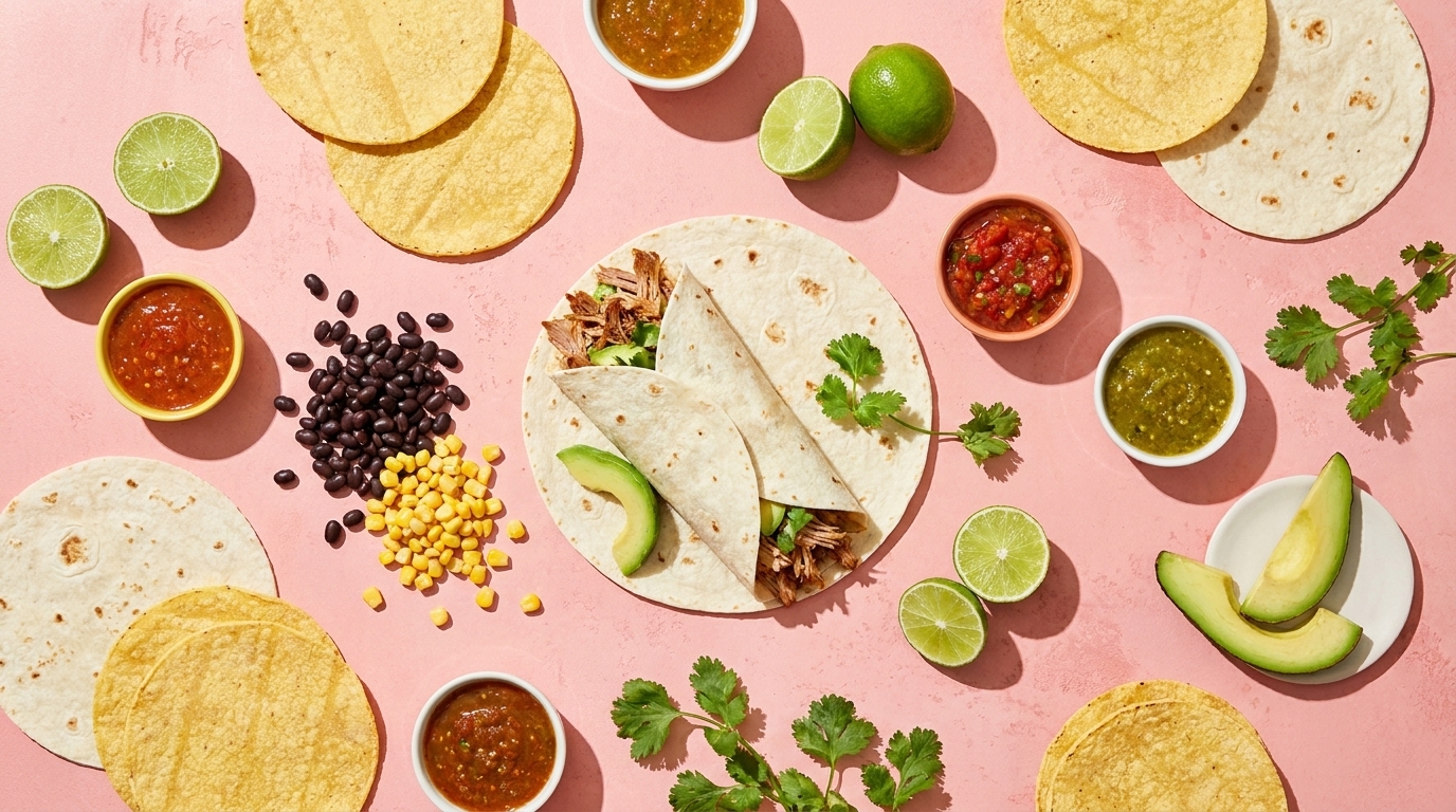 Teller mit zwei gefalteten Tortillas (Tacos) gefüllt mit Fleisch, Avocadoscheiben und Koriander, umgeben von Tortilla-Chips, Schalen mit roter und grüner Salsa, Limettenstücken, schwarzen Bohnen und Mais.