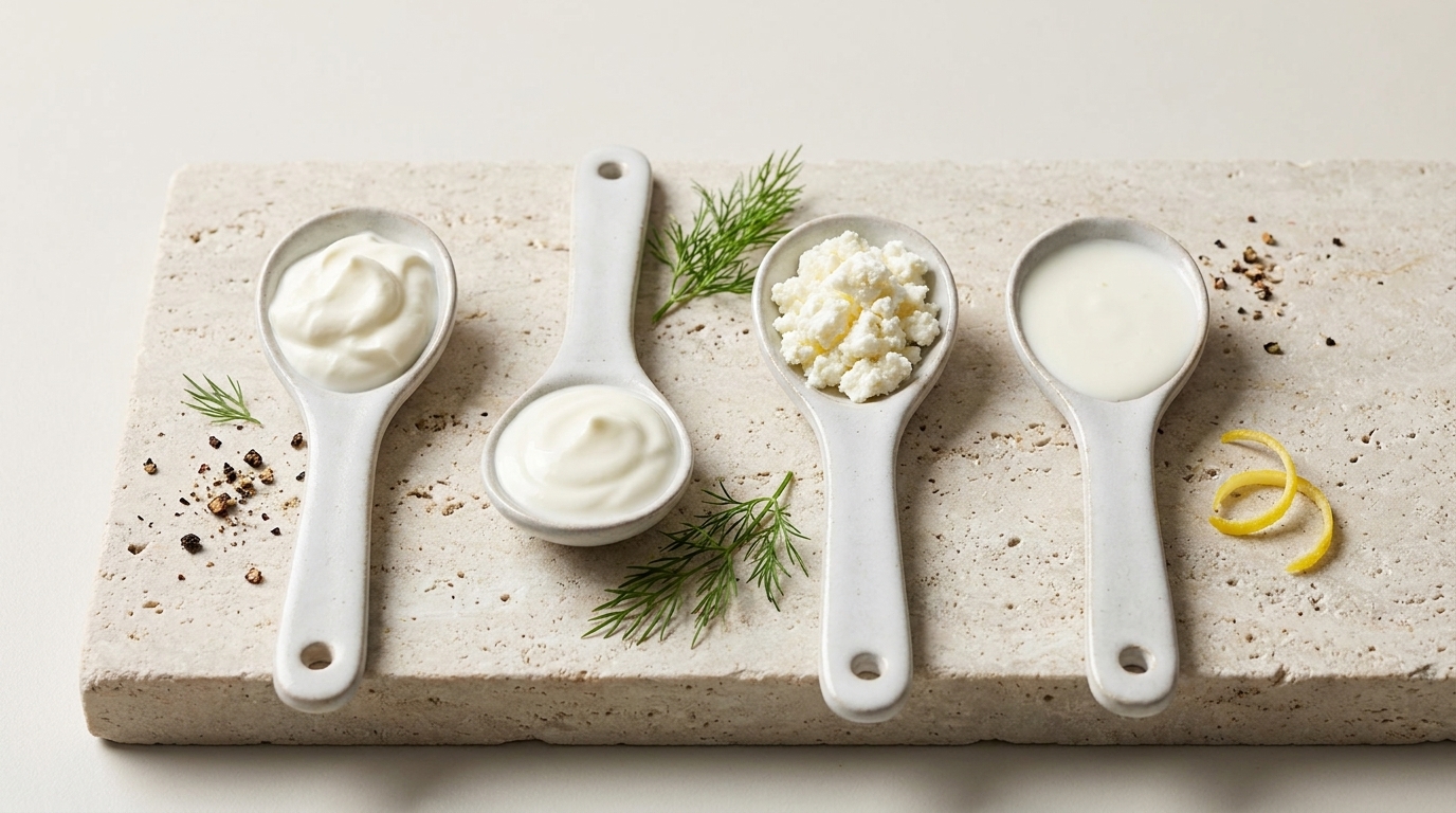 Vier weiße Keramiklöffel auf einer Steinplatte, jeweils gefüllt mit verschiedenen Milchprodukten: cremiger Joghurt/Crème, weicher Frischkäse, Hüttenkäse und Milch/Buttermilch.