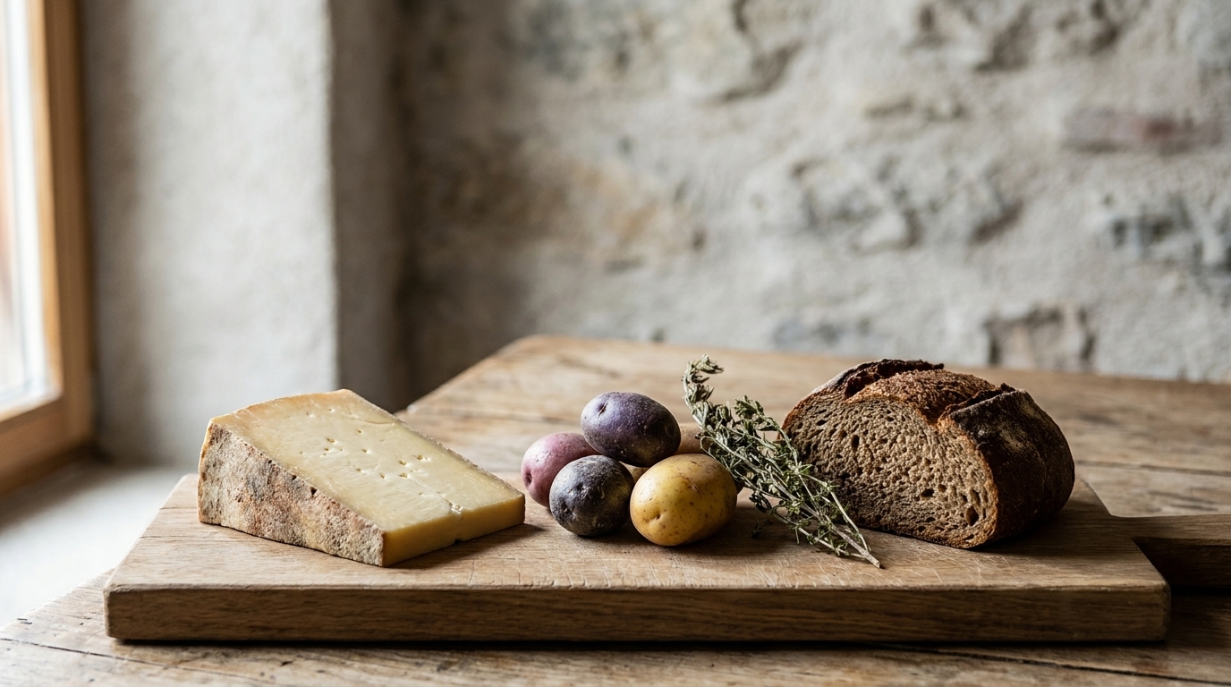 Holzschneidebrett mit einem Stück Hartkäse, drei bunten Kartoffeln, einem Thymianzweig und einem angeschnittenen Roggenbrot vor rustikaler Steinwand.