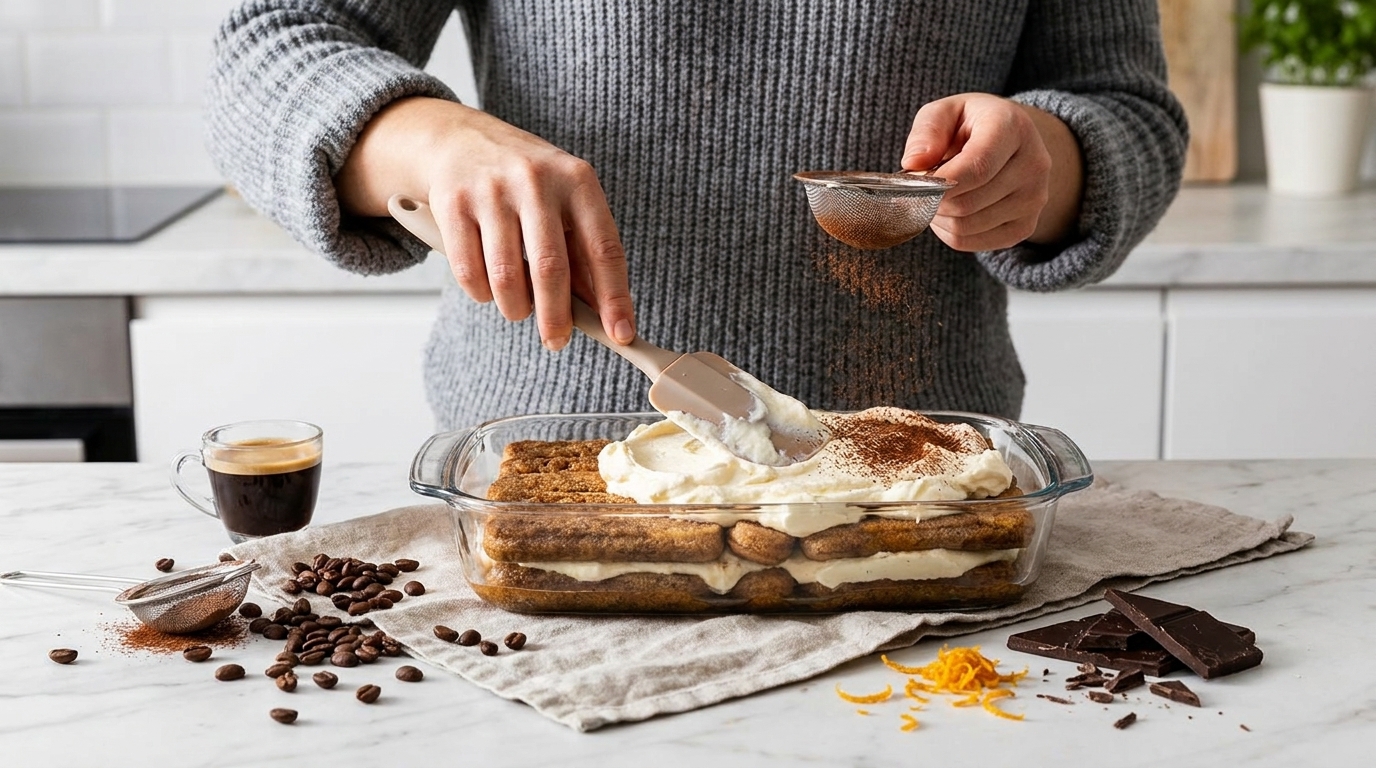 Hände verteilen Mascarponecreme und sieben Kakaopulver auf einem selbstgemachten Tiramisu in einer Glasform; Espresso, Kaffeebohnen und Schokoladenstücke liegen daneben.