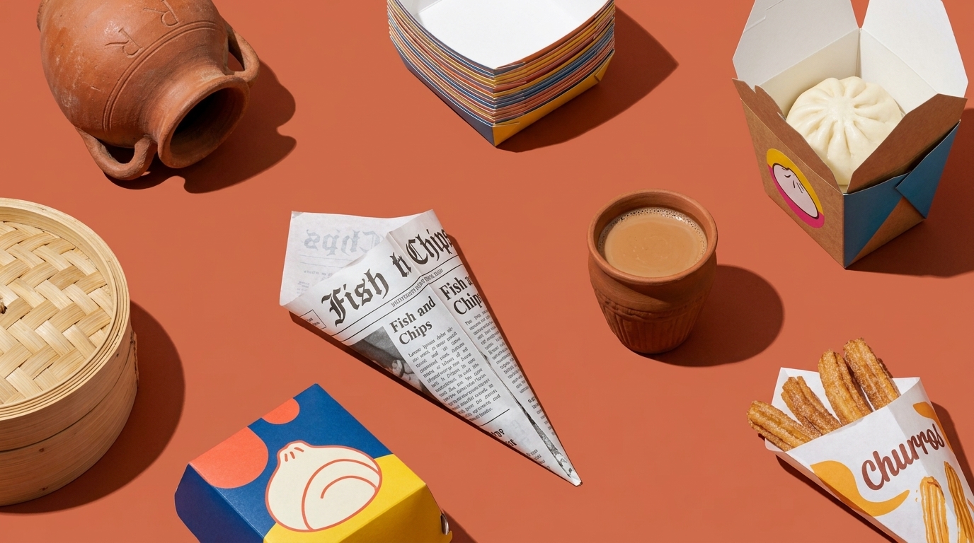 Verschiedene internationale Takeaway-Speisen und -Behälter auf orangefarbenem Hintergrund: Zeitungstüte mit Fish-and-Chips, Tonbecher und -krug mit Tee, gedämpfter Bao im Pappkarton, Churros in Schachtel, Bambusdämpfer und gestapelte Schalen.