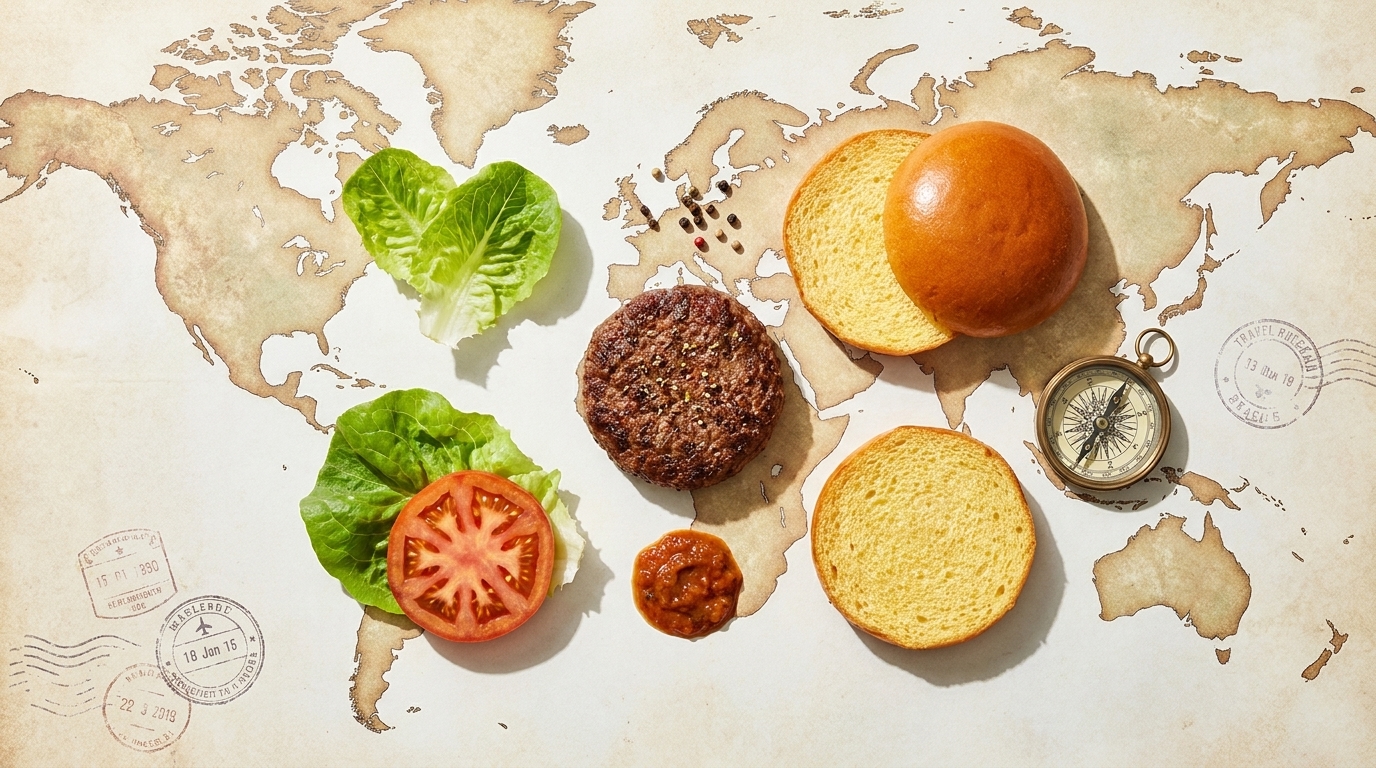 Auf einer Weltkarte arrangiert: Burgerzutaten – Salatblätter, Tomatenscheibe, Bratling, Sauce und Brötchenhälften – neben einem Kompass, als Symbol für globale Küche und kulinarische Reise.