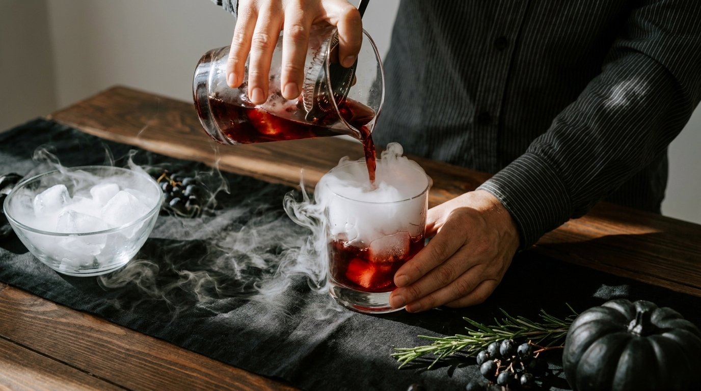Hände gießen einen roten Cocktail in ein Glas, aus dem wegen Trockeneis dichter Rauch aufsteigt; nebenan eine Schale mit Eiswürfeln.