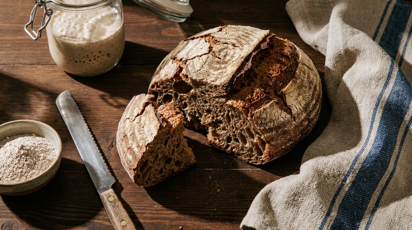 Rundes, rustikales Sauerteigbrot mit knuspriger, rissiger Kruste auf Holztisch, eine Scheibe abgeschnitten; daneben Brotmesser, Glas mit Sauerteigansatz, Schale Mehl und Leinenhandtuch.