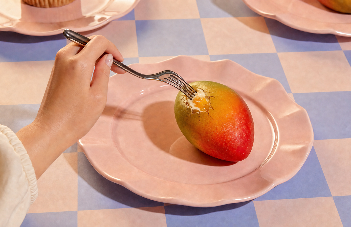 Eine Hand hält eine Gabel, mit der in eine reife Mango gestochen wird; die Mango liegt auf einem rosa Teller.