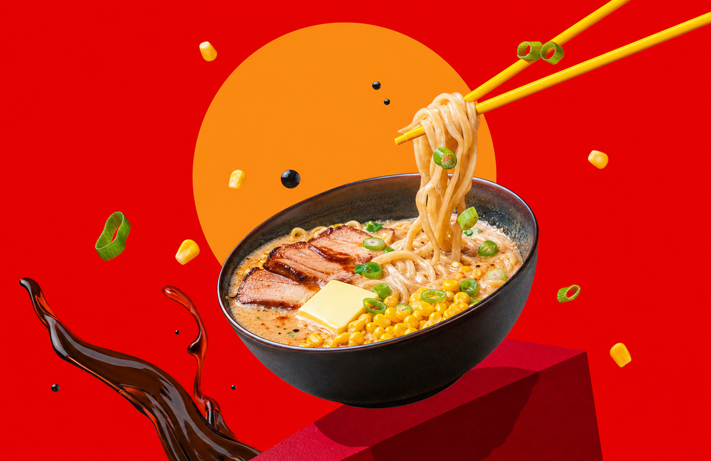 Schwarze Schale mit Ramen: dampfende Brühe, Nudeln, die mit Stäbchen herausgehoben werden, Scheiben gebratenes Schweinefleisch, Stück Butter, Maiskörner und Frühlingszwiebeln.