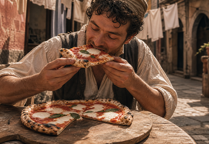 Ein Mann sitzt an einem Holztisch in einer Altstadt und beißt genussvoll in eine Scheibe Margherita‑Pizza; vor ihm liegt eine runde Pizza mit Tomate, Mozzarella und Basilikum.
