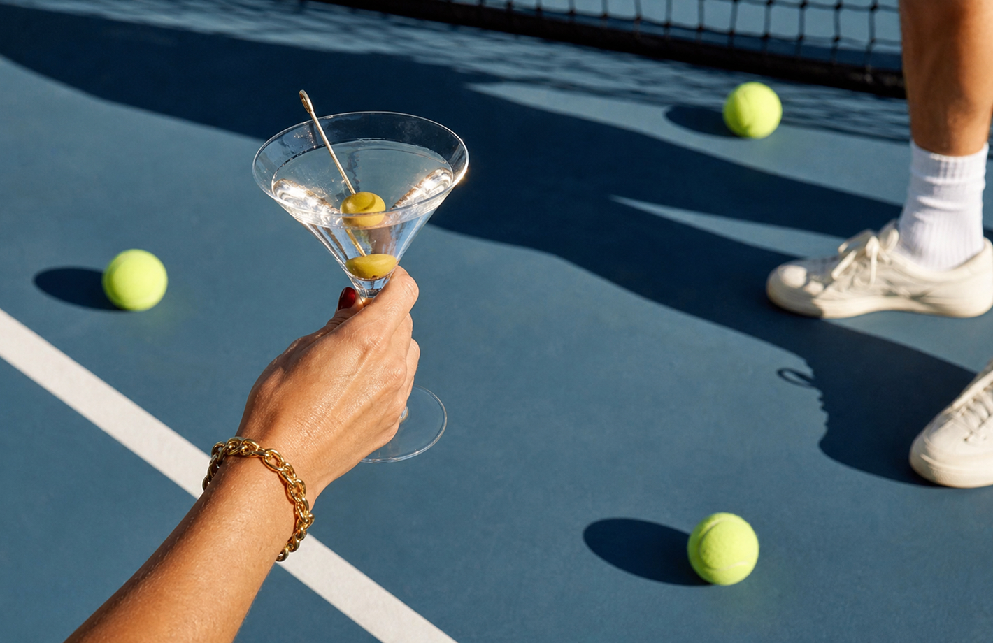 Nahaufnahme einer Hand, die ein Martini-Glas mit Oliven hält, über einem Tenniscourt mit verstreuten Tennisbällen; im Hintergrund Beine mit weißen Sportschuhen.