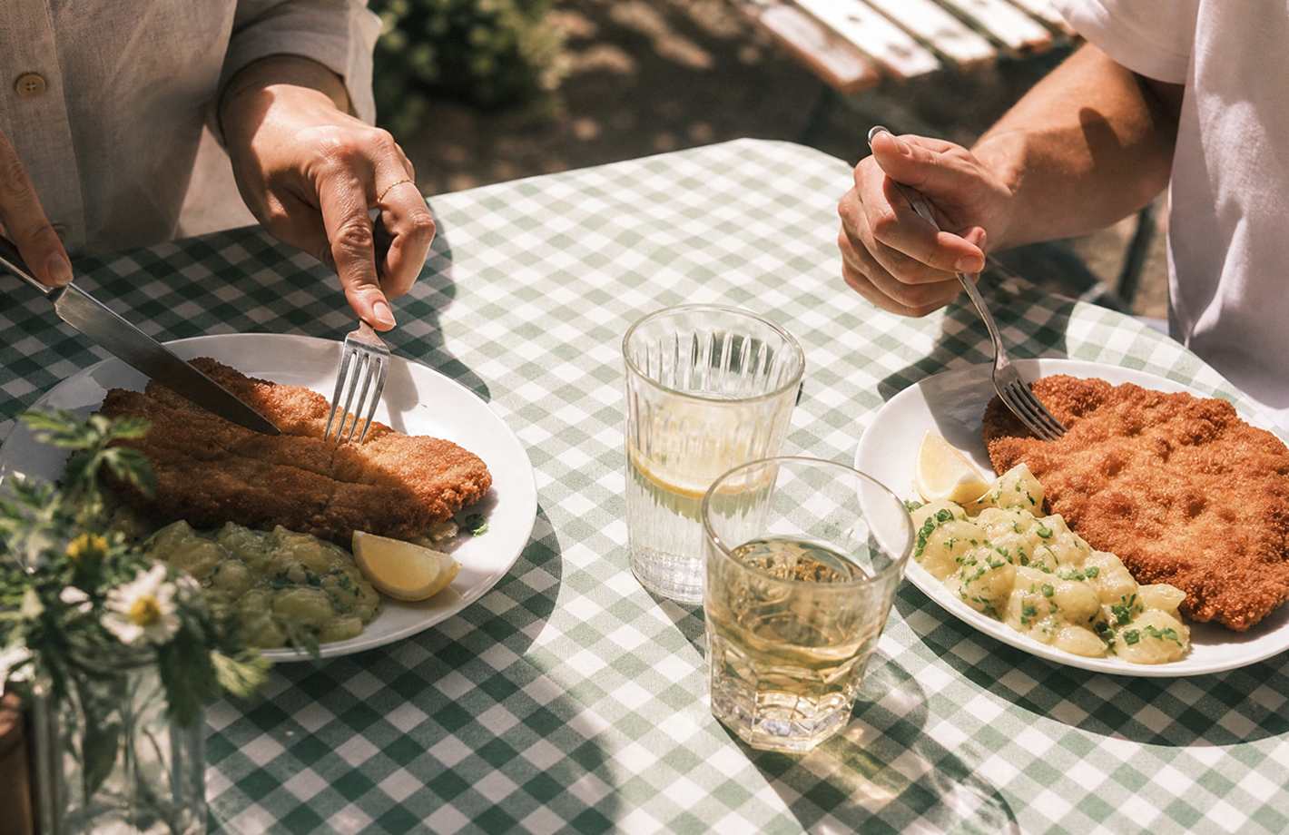 Zwei Personen essen im Freien jeweils ein paniertes Schnitzel mit Kartoffelsalat auf Tellern; Tisch mit grün-weiß kariertem Tuch, Zitronenscheiben und zwei Gläsern Getränk.