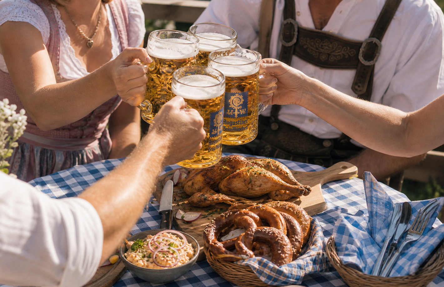 Vier Personen in Dirndl und Lederhose stoßen im Freien mit Bierkrügen über einem Tisch mit Brathähnchen, Brezeln und Beilagen an.