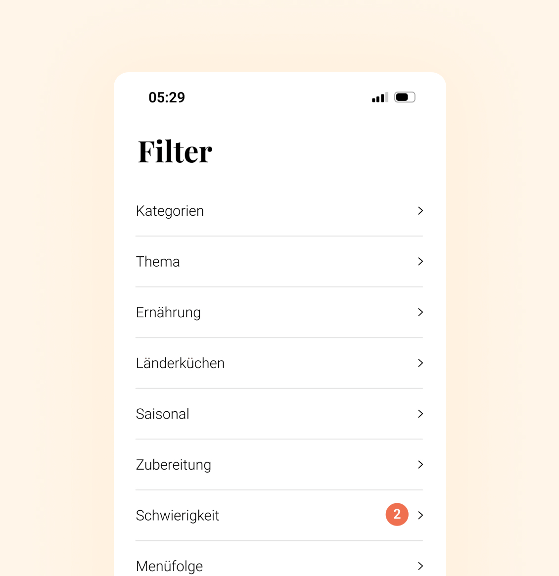 Smartphone-Filtermenü mit Optionen: Kategorien, Thema, Ernährung, Länderküchen, Saisonal, Zubereitung, Schwierigkeit (roter Badge „2“), Menüfolge.