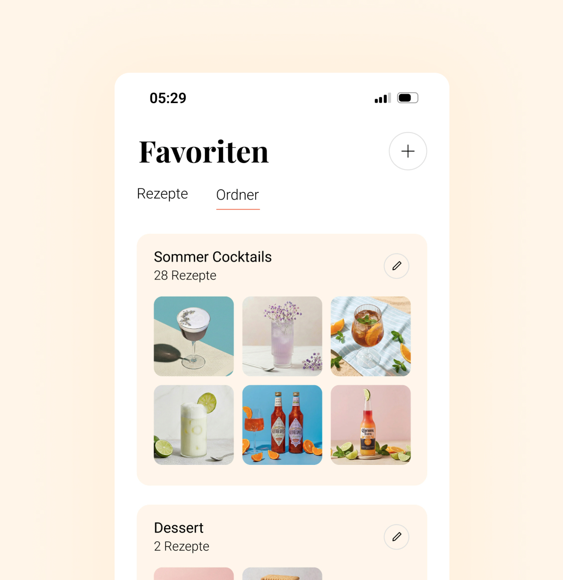 App-Ansicht "Favoriten" mit Ordnern: hervorgehobener Ordner "Sommer Cocktails" (28 Rezepte) zeigt sechs Cocktailbilder; darunter der Ordner "Dessert" (2 Rezepte).