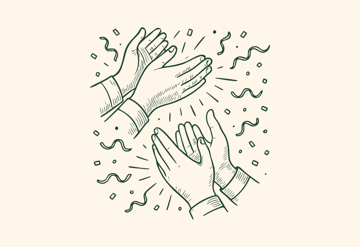 Zeichnung von mehreren Händen, die applaudieren. Um die Hände herum sind dekorative Elemente wie Konfetti und Wellenlinien, die eine festliche Stimmung erzeugen. Die Szene vermittelt Freude und Anerkennung.