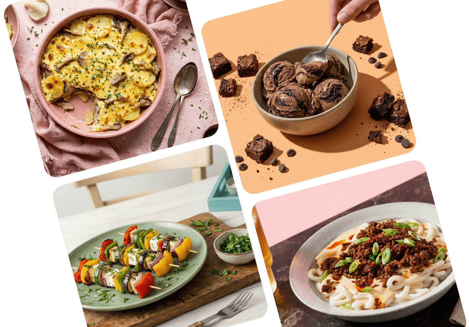 Das Bild zeigt vier verschiedene Gerichte: ein Kartoffelauflauf, ein Becher Schokoladeneis mit Stückchen, gefüllte Gemüse auf einem Teller und würzige Nudeln. Jedes Gericht ist ansprechend angerichtet und vermittelt einen Eindruck von Vielfalt und kulinarischer Kreativität.