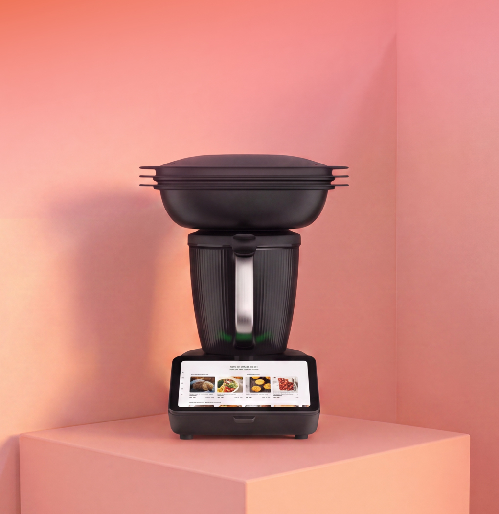 Schwarzes multifunktionales Küchengerät mit Touchscreen-Basis, hohem Behälter und aufgesetztem Dampfgaraufsatz, auf einem rosa Podest vor rosa Hintergrund.