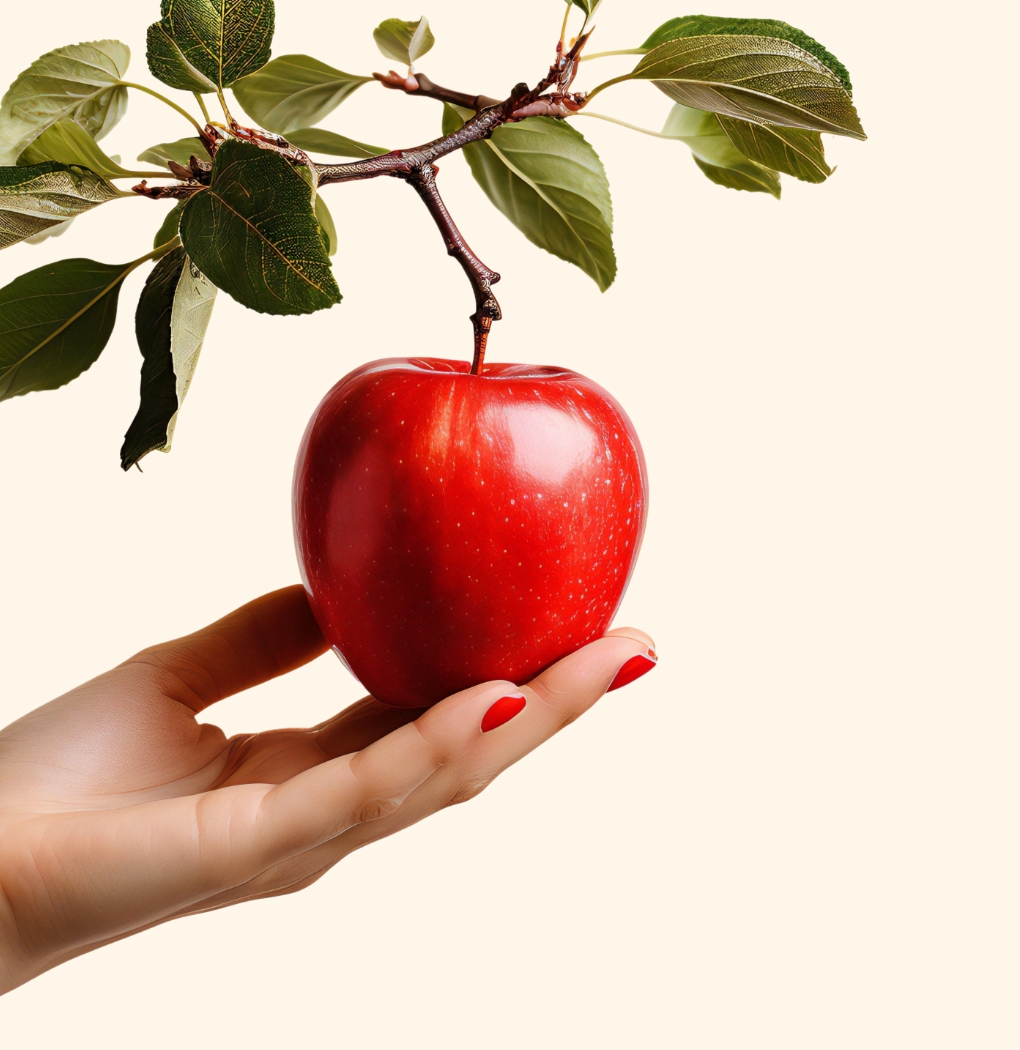Eine Hand hält einen glänzenden, roten Apfel, der an einem Ast mit grünen Blättern hängt. Der Hintergrund ist beige.