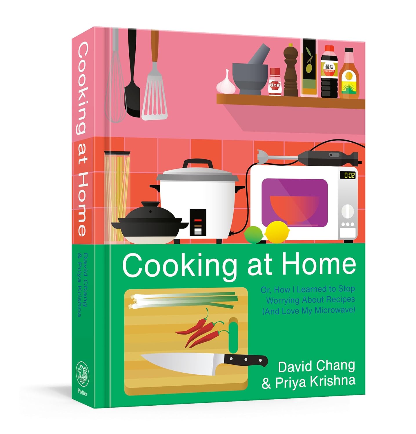 Ein Kochbuch mit dem Titel „Cooking at Home“ steht im Vordergrund. Es zeigt eine stilisierte Küche mit verschiedenen Utensilien, Töpfen und einer Mikrowelle. Das Cover betont die Idee, das Kochen zu Hause zu genießen und Rezepte entspannt zu handhaben.