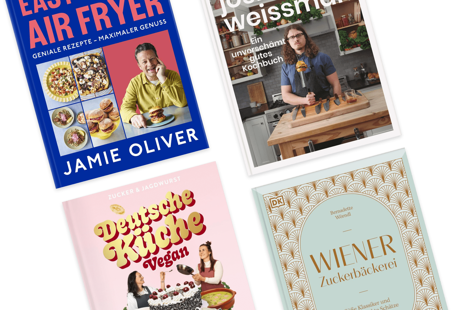 Vier Kochbücher sind abgebildet: „Easy Air Fryer“ von Jamie Oliver, „Deutsche Küche Vegan“, „Josh Weissman – Ein unverschämt gutes Kochbuch“ mit einem Koch, der einen Burger hält, und „Wiener Zuckerbäckerei“ von Bernadette Wörndl. Die Bücher zeigen verschiedene kulinarische Themen und Stile.