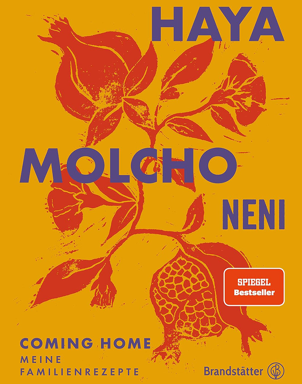 Das Bild zeigt das Cover eines Kochbuchs mit dem Titel „Coming Home – Meine Familienrezepte“ von Haya Molcho und Neni. Der Hintergrund ist orange, und darauf sind florale Motive in Rot dargestellt. Es steht auch „Spiegel Bestseller“ auf einem roten Label.