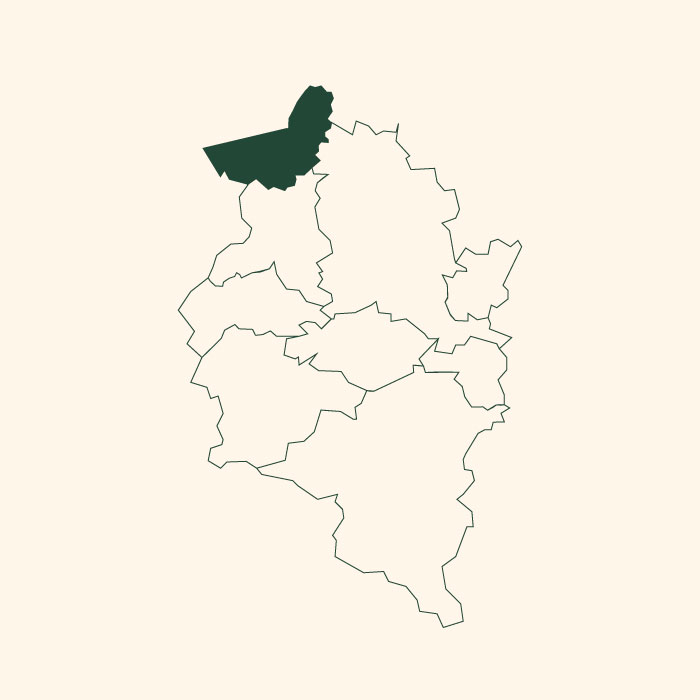 Eine vereinfachte Landkarte zeigt einen Bereich im Nordwesten, der in dunklem Grün hervorgehoben ist. Die übrigen Bereiche sind nur umrandet und farblos. Die Karte vermittelt eine geografische Übersicht ohne detaillierte Informationen.