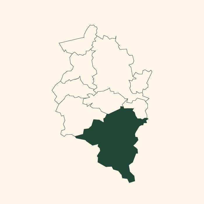 Die Abbildung zeigt eine Karte mit Umrisslinien, auf der ein Bereich im Südosten in dunkelgrün hervorgehoben ist. Der Rest der Karte ist in hellgrün gehalten. Diese Hervorhebung signalisiert eine spezifische Region innerhalb einer größeren geografischen Fläche.