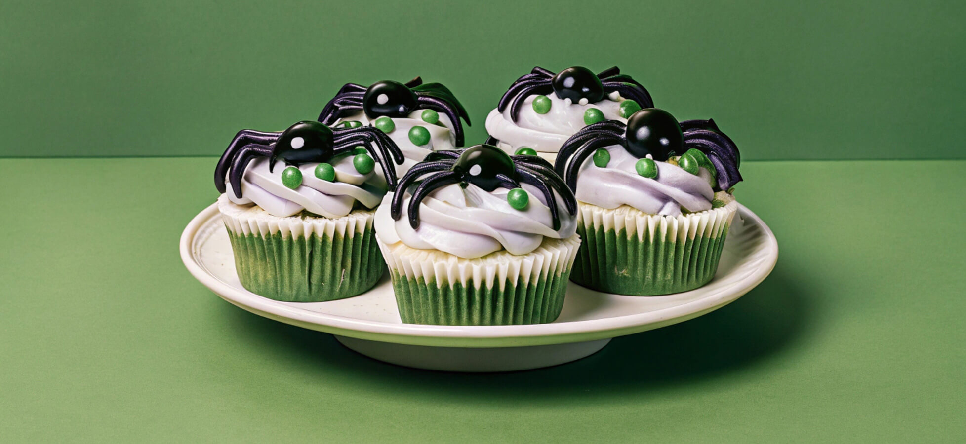 Sechs dekorierte Cupcakes auf einem weißen Teller. Jeder Cupcake hat eine lila, cremige Glasur und ist mit einer Keks-Spinne sowie grünen Bonbons verziert. Der Hintergrund ist grün, wodurch die Cupcakes hervorgehoben werden.