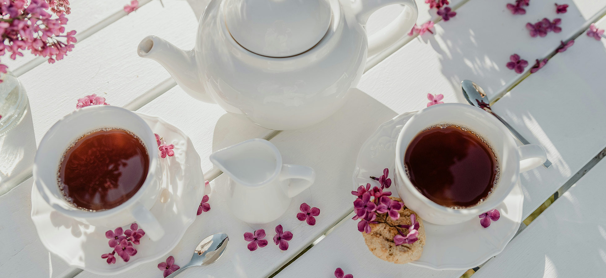 Ein Teeservice auf einem weißen Tisch, bestehend aus einer Teekanne, zwei Tassen Tee, einer kleinen Milchkanne und einem Keks. Um die Tassen sind lila Blüten verstreut, die eine einladende und entspannte Atmosphäre schaffen.