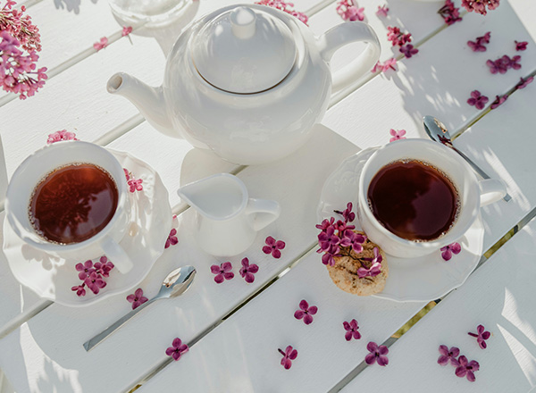 Ein elegantes Teeset auf einem weißen Tisch, bestehend aus einer Teekanne, zwei Tassen mit Tee, einer Milchkanne, einem Keks und rosa Blüten. Die Anordnung vermittelt eine entspannte Teezeit im Freien, umgeben von floralen Akzenten.