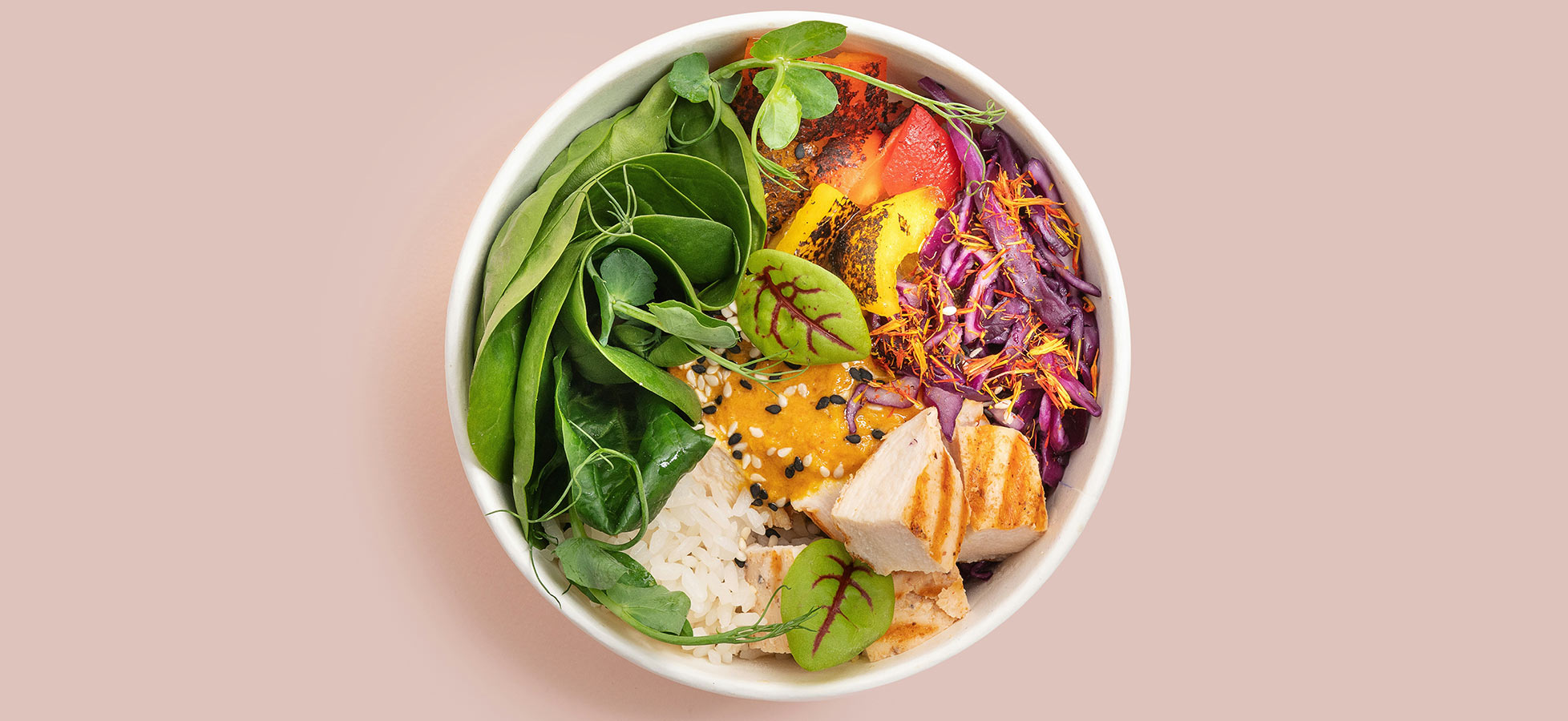 Eine Schüssel mit einer bunten Mischung aus gebratenem Hähnchen, weißen Reis, grünem Blattgemüse, roten und gelben Paprikastücken, violettem Kohl und einer cremigen Sauce mit Sesam. Die frischen Zutaten sind ansprechend angerichtet.