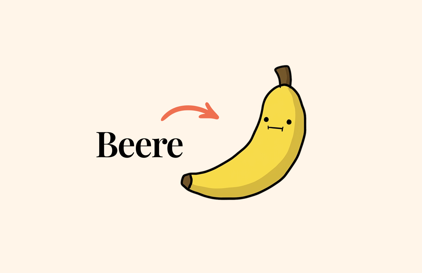 Zeichnung einer gelben Banane mit einfachem freundlichem Gesicht; ein Pfeil zeigt auf die Banane, daneben steht ironisch das Wort „Beere“.