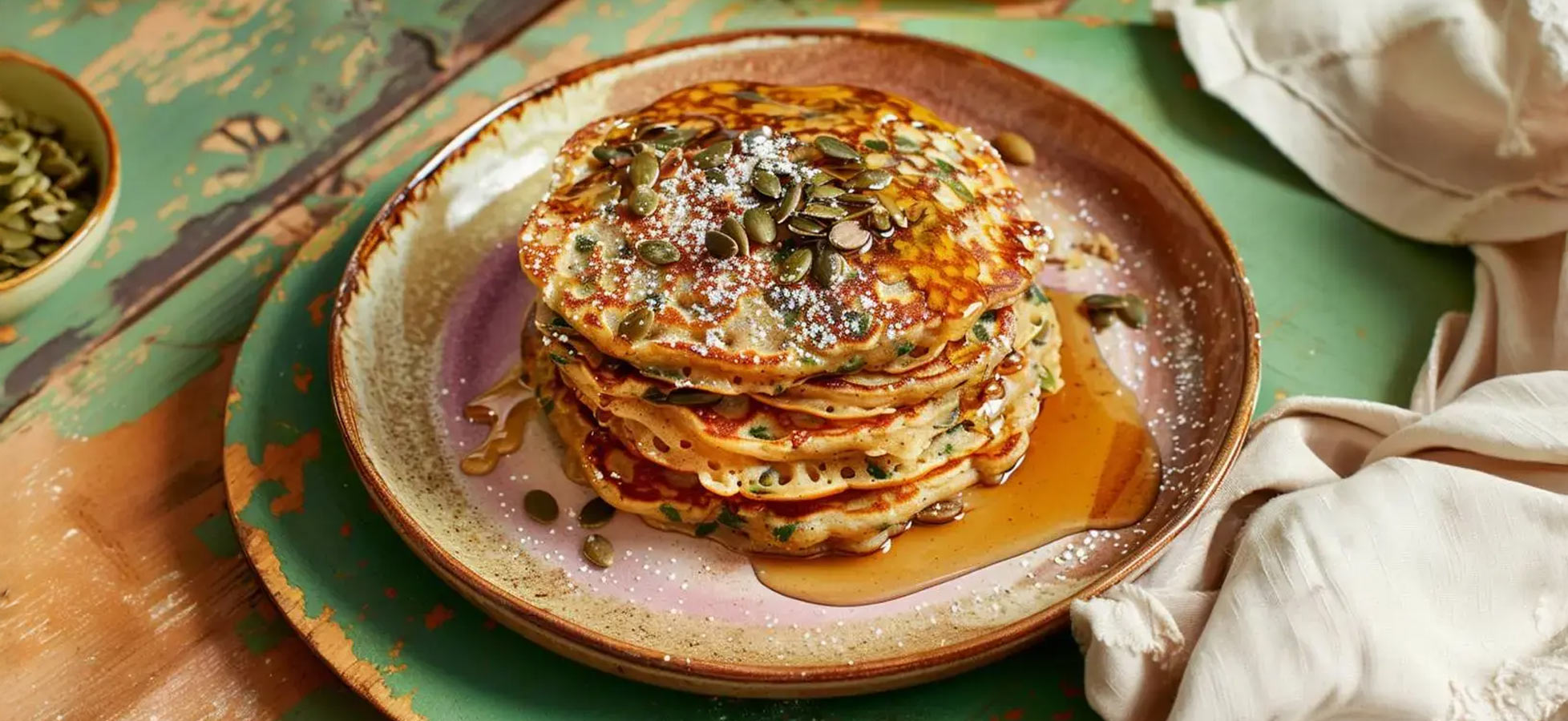 Ein Teller mit mehreren übereinander gestapelten Pfannkuchen, bestreut mit Kürbiskernen und Puderzucker. Ein Schuss Sirup fließt über die Pfannkuchen. Der Hintergrund zeigt eine rustikale Holzoberfläche und eine Serviette.
