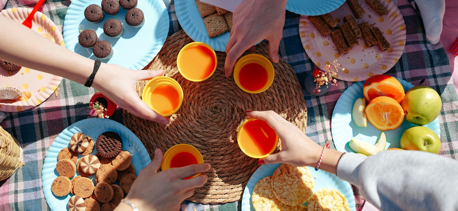Auf einem Picknicktisch stehen bunte Teller mit Keksen, Obst und Snacks. Mehrere Hände heben Gläser mit orangenem Getränk. Der Tisch ist von einer karierten Decke bedeckt, die eine gesellige Atmosphäre schafft.