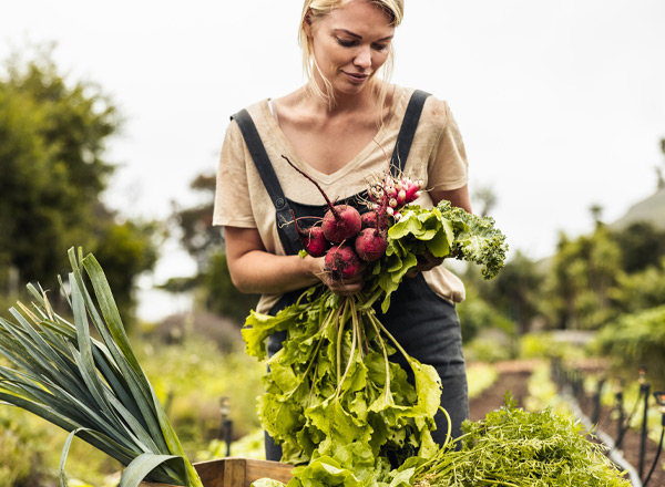 Eine Frau mit blonden Haaren steht in einem Garten und hält frisches Gemüse, darunter Radieschen und Salat. Um sie herum sind grüne Pflanzen und ein weites Feld sichtbar. Sie trägt ein lockeres Oberteil und Latzhosen, während sie sich auf ihre Ernte konzentriert.