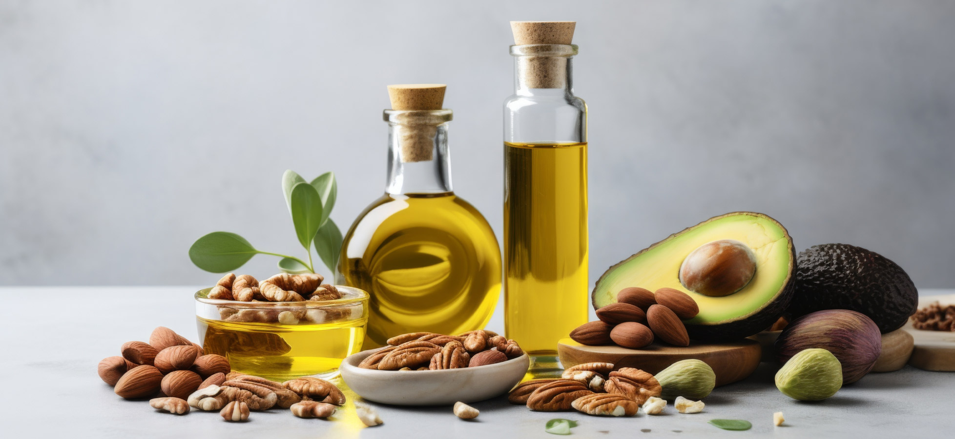 Eine Auswahl von Nüssen und Ölen ist angeordnet. Zwei Flaschen mit goldgelbem Öl stehen mit Nüssen, darunter Mandeln und Pekannüsse, auf einem Tisch. Ein aufgeschnittene Avocado zeigt ihr cremiges Inneres. Grünes Blattwerk ergänzt das Arrangement.