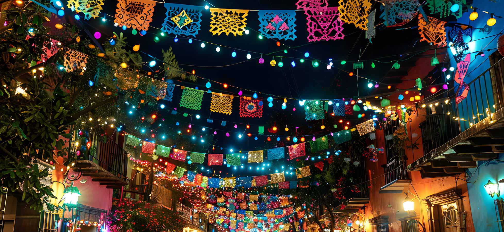 Eine festlich dekorierte Gasse bei Nacht, geschmückt mit bunten Lichtern und Papiergirlanden in leuchtenden Farben. Die Atmosphäre ist lebhaft und einladend, mit vielen Lichtern, die die Umgebung erhellen und eine Feier- oder Festtagsstimmung erzeugen.
