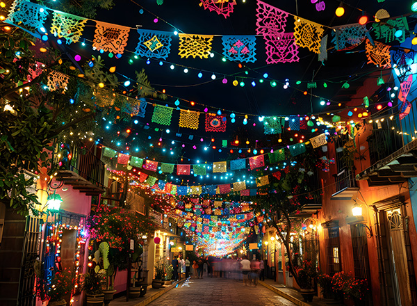 Eine bunt beleuchtete Straße in einer Stadt bei Nacht, geschmückt mit festlichen Lichtern und fröhlichen Papierbanner. Bäume und Blumen säumen den Weg, während sich Menschen in der Ferne unterhalten und die Atmosphäre genießen.