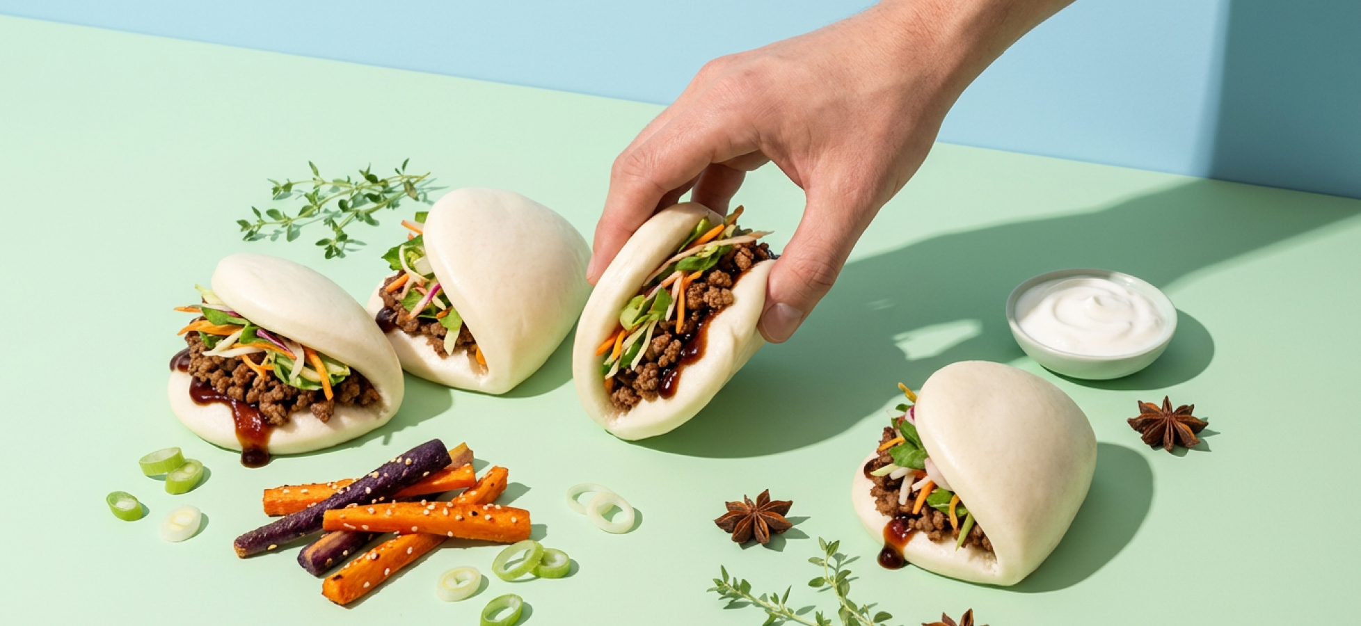 Eine Hand hebt einen gefüllten Bao-Bun, während drei weitere Bun auf einer hellgrünen Oberfläche liegen. Die Buns sind mit Fleisch, Gemüse und Kräutern gefüllt. Im Hintergrund liegen bunte Karotten und eine Schale mit Sauce.