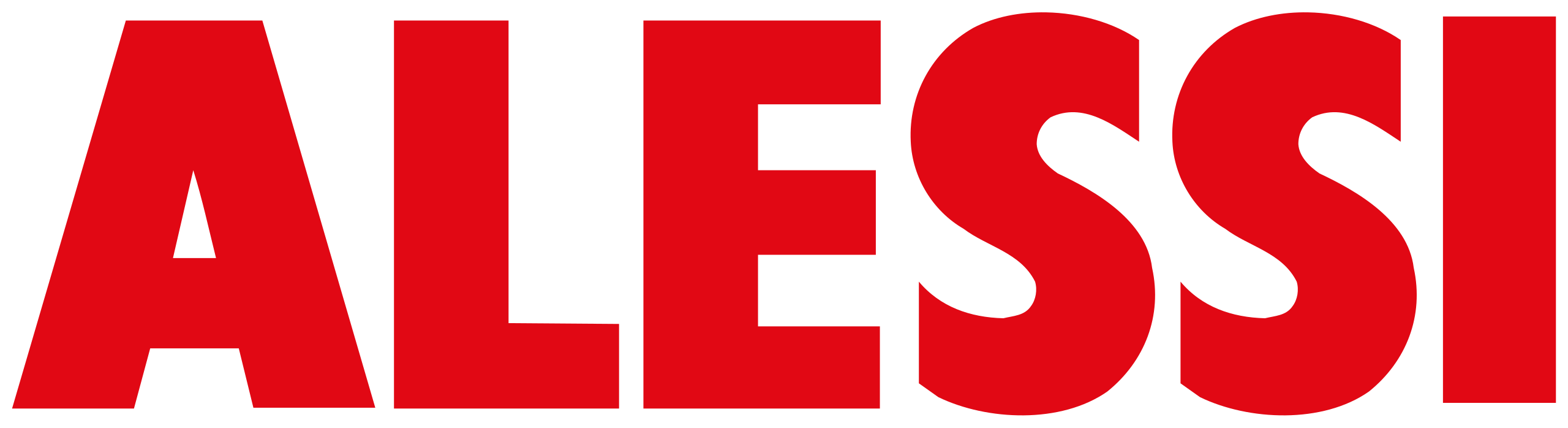 Das Bild zeigt das Logo von Alessi in großen, fetten Buchstaben. Die Buchstaben sind in leuchtendem Rot gehalten, auf schwarzem Hintergrund. Alessi ist bekannt für sein Design und Haushaltswaren.