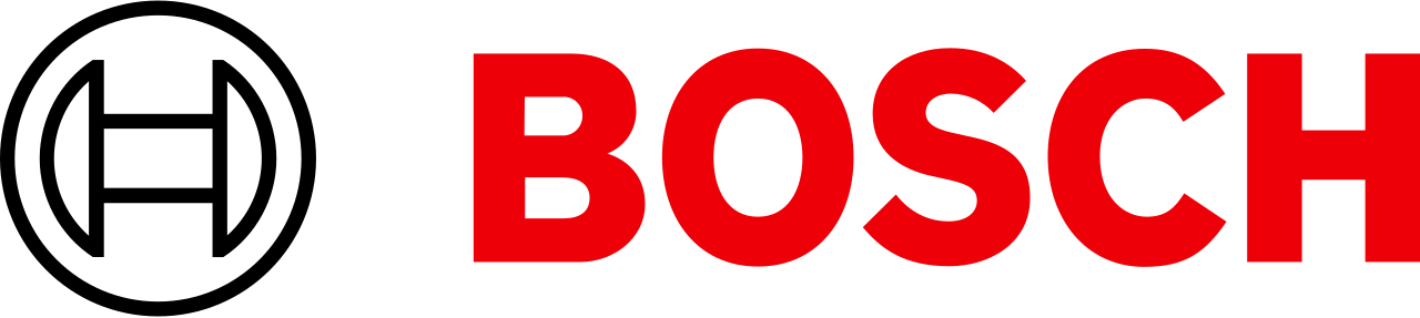 Das Bild zeigt das Logo von Bosch. Der Markenname "BOSCH" ist in großen, roten Buchstaben dargestellt. Der Hintergrund ist schwarz.