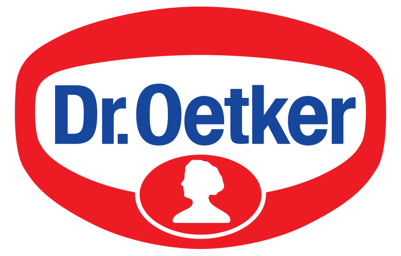 Logo von Dr. Oetker: Ein ovales, weißes Schild mit rotem Rand. Darin steht in blauen Buchstaben "Dr. Oetker". Unter dem Text befindet sich eine Silhouette einer Person in einer runden Form.
