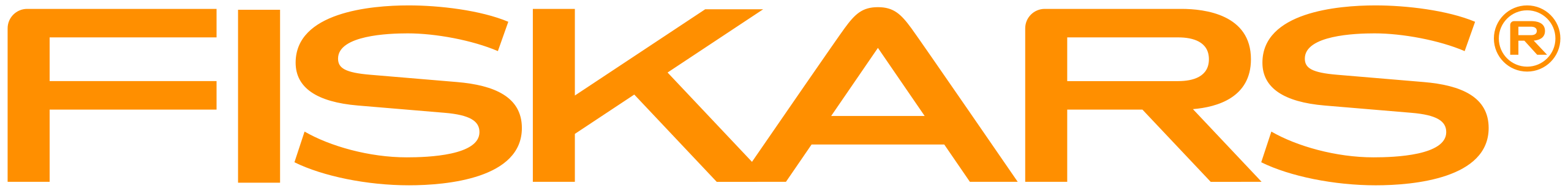 Logo von Fiskars in orange auf schwarzem Hintergrund. Es zeigt den Schriftzug "Fiskars" in Großbuchstaben, wobei das "F" und "R" besonders hervorgehoben sind.