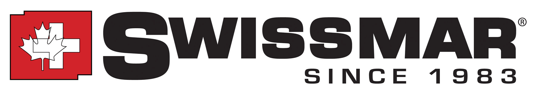 Logo von Swissmar, das einen roten Hintergrund mit einem weißen Schweizer Kreuz und einem Ahornblatt zeigt. Der Schriftzug "SWISSMAR" steht in großen schwarzen Buchstaben, gefolgt von "SINCE 1983" in kleinerer Schrift.