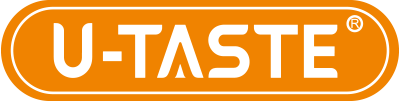 Logo von U-TASTE, in einem orangefarbenen Rechteck mit weißer Schrift. Das Design ist modern und einprägsam, symbolisiert möglicherweise eine Marke im Bereich Lebensmittel oder Küchengeräte.